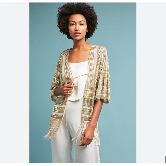 Anthropologie Jackets & Blazers - Anthropologie Bendito Pie Beaded Fringe Kimono Jacket Large NEW!!